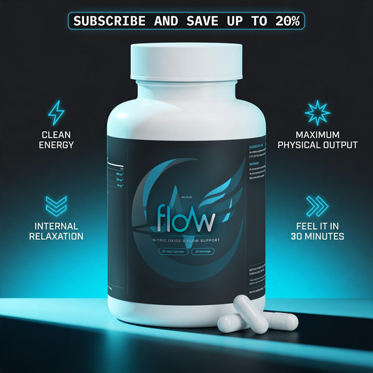 Revyve Flow bottle on a glowing cyan surface with two capsules beside it, beneath a Subscribe and save up to 20% banner and four benefit callouts
